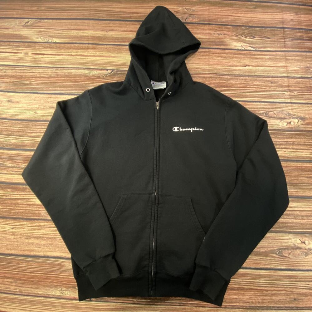 Champion Embroidered Full Zip Fleece Hoodie Sweatshirt Black S